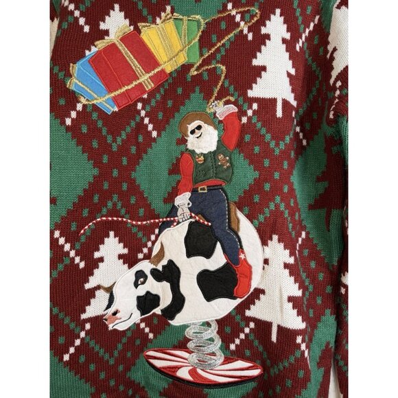 Blizzard Bay Ugly Christmas Sweater Sz S Rodeo Cowboy Santa Bull Riding Holiday - Picture 2 of 11